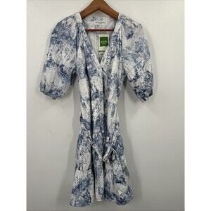 Pants Store Small Dress Blue White V-Neck Puff Sleeve Button Tie Printed NEW